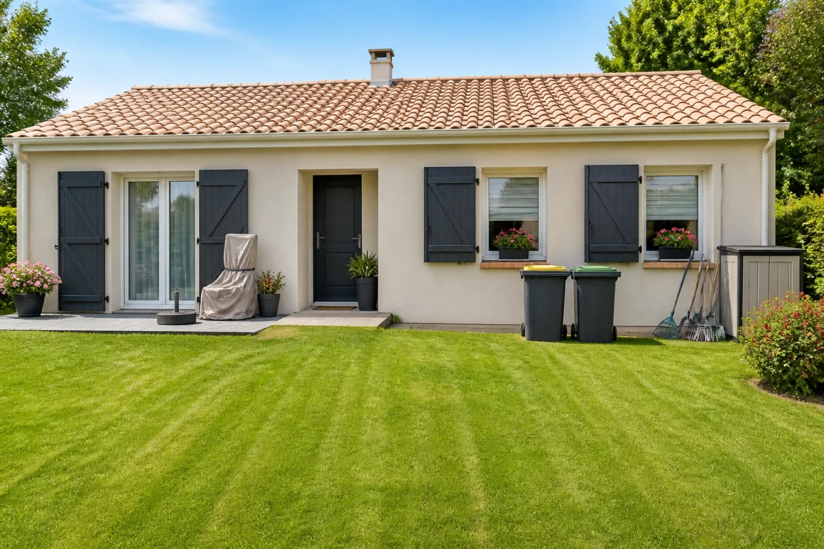 Maison préparée pour les vacances, avec volets fermés, pelouse tondue, poubelles sorties et jardin soigneusement rangé