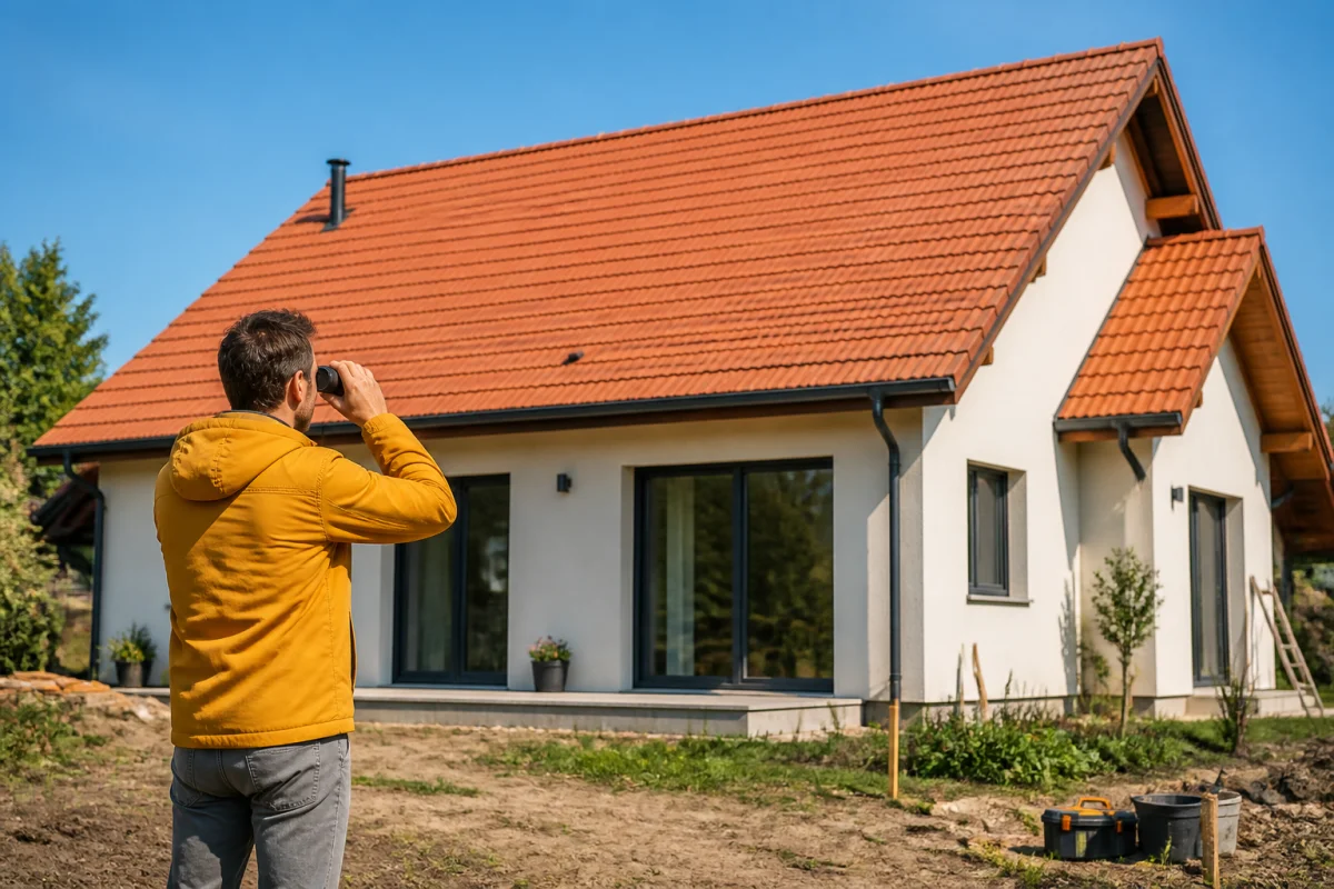 Propriétaire inspectant la toiture inclinée d’une maison neuve, avec tuiles, gouttières et faîtage visibles depuis le jardin.