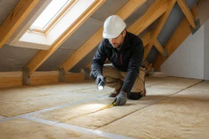 Professionnel inspectant l’isolation thermique dans les combles d’une maison neuve avant préparation de la toiture