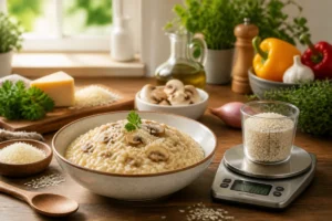 Bol de risotto crémeux accompagné d’une balance indiquant 60 à 80 g de riz cru par personne.