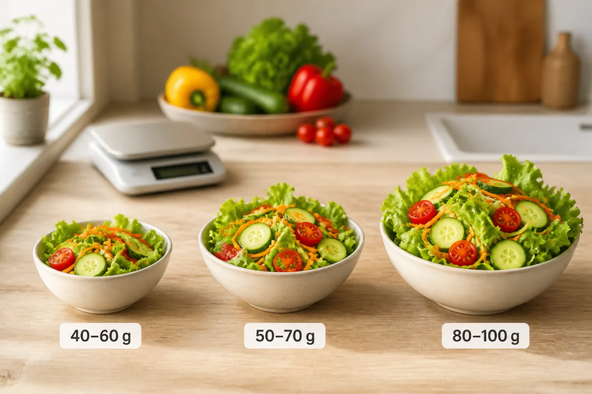 Quantité de salade par personne en trois portions, de 40 à 100 g, présentées dans des bols distincts en cuisine lumineuse