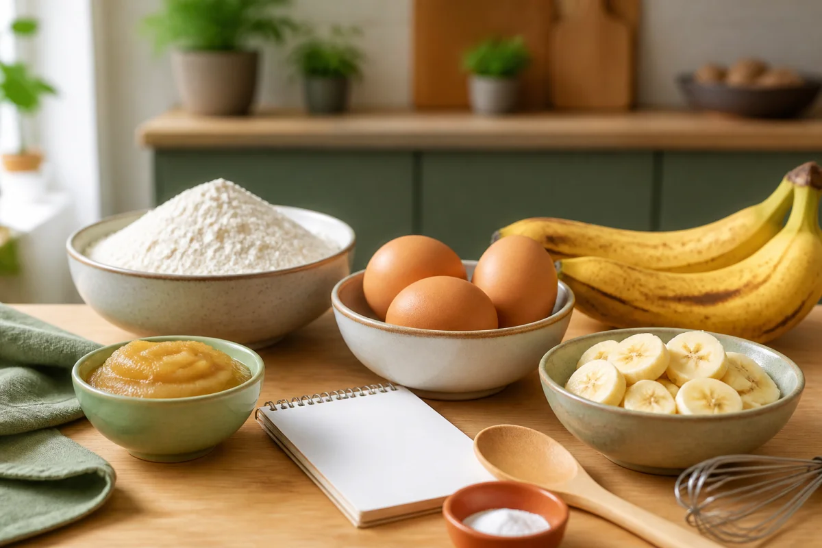 Ingrédients pour une recette de gâteau sans matière grasse ni sucre : farine, œufs, bananes, compote et levure.