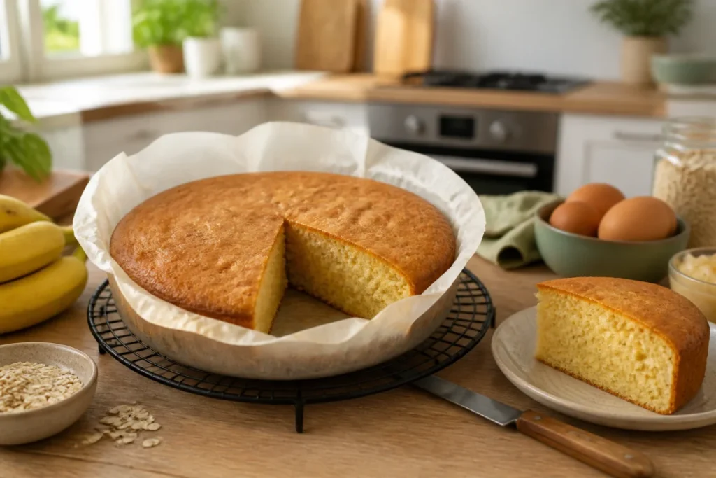 Gâteau moelleux sans matière grasse ni sucre, fraîchement cuit dans un moule chemisé de papier cuisson
