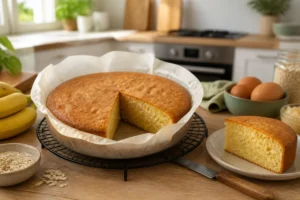 Gâteau moelleux sans matière grasse ni sucre, fraîchement cuit dans un moule chemisé de papier cuisson