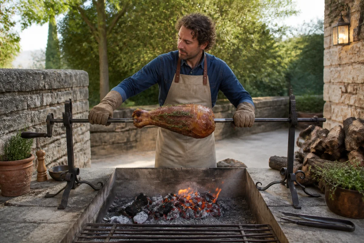 Cuisinier rustique préparant une recette de jambon à la broche au feu de bois dans une cuisine extérieure champêtre