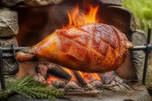 Recette jambon à la broche au feu de bois, doré et croustillant, rôti sur braises dans une cuisine extérieure rustique