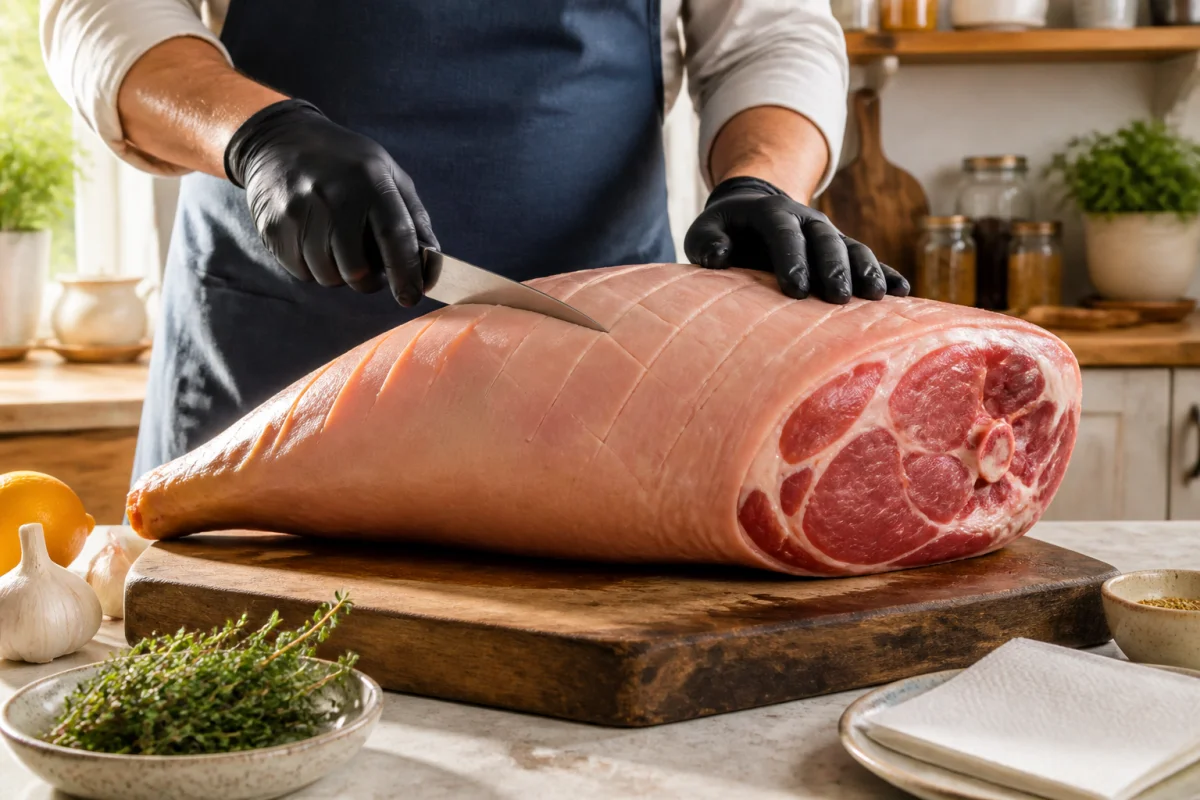 Préparation d’un jambon entier avant marinade, avec incision de la couenne et herbes fraîches sur planche en bois