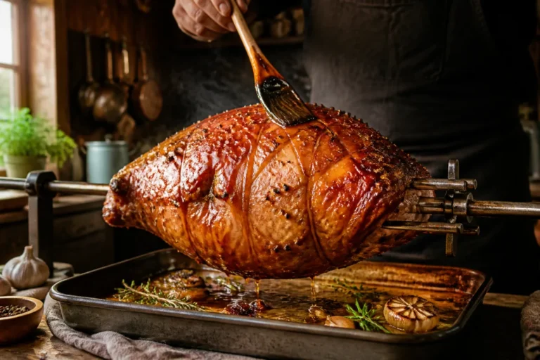 Recette marinade pour jambon à la broche, jambon doré badigeonné d’herbes et d’épices en cuisine rustique