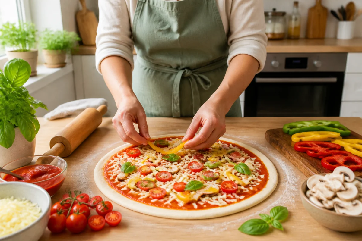 Préparation d’une recette de pâte à pizza rapide sans levure, garnie de légumes, sauce tomate et fromage râpé