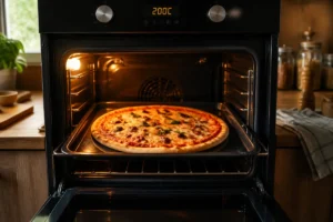 Recette de pâte à pizza rapide sans levure, pizza fine et dorée cuisant au four avec fromage fondu et herbes fraîches