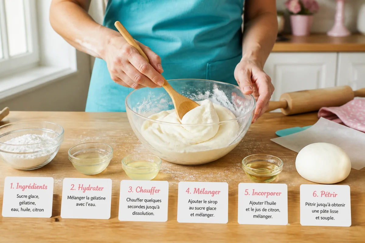 Préparation étape par étape d’une recette de pâte à sucre sans glucose, mélangée dans un saladier en cuisine lumineuse