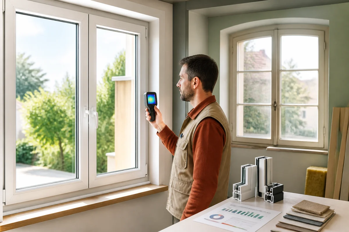 Professionnel évaluant une fenêtre double vitrage avec appareil thermique, comparée à un ancien simple vitrage pour économiser l’énergie
