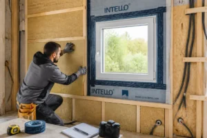 Artisan ajustant des panneaux isolants autour d’une fenêtre pour réussir l’isolation de sa maison durablement
