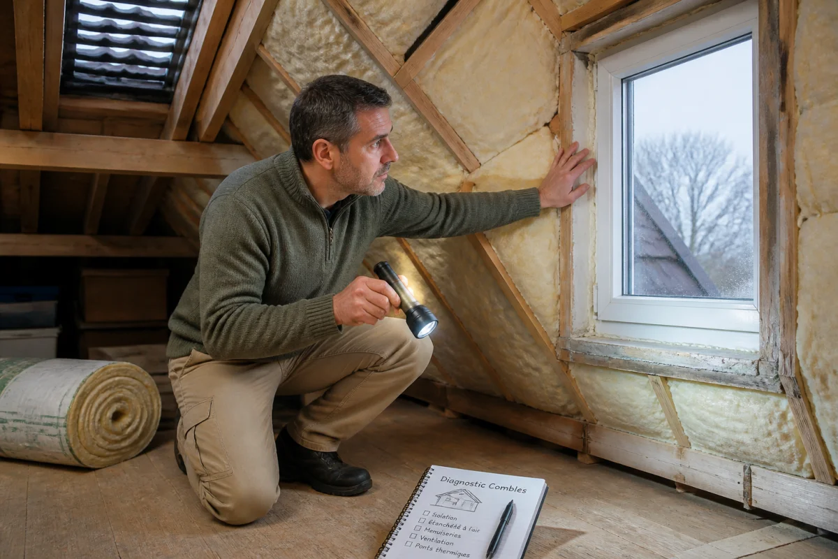 Propriétaire inspectant l’isolation des combles et les joints de fenêtre pour réussir l’isolation de sa maison durablement