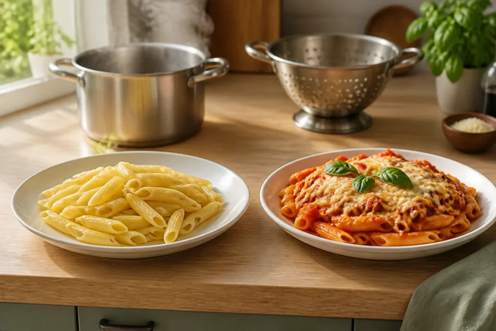 Comparaison Rummo vs Molisana : deux assiettes de pâtes italiennes, al dente et légèrement plus tendres