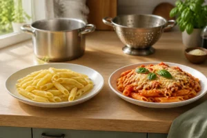 Comparaison Rummo vs Molisana : deux assiettes de pâtes italiennes, al dente et légèrement plus tendres