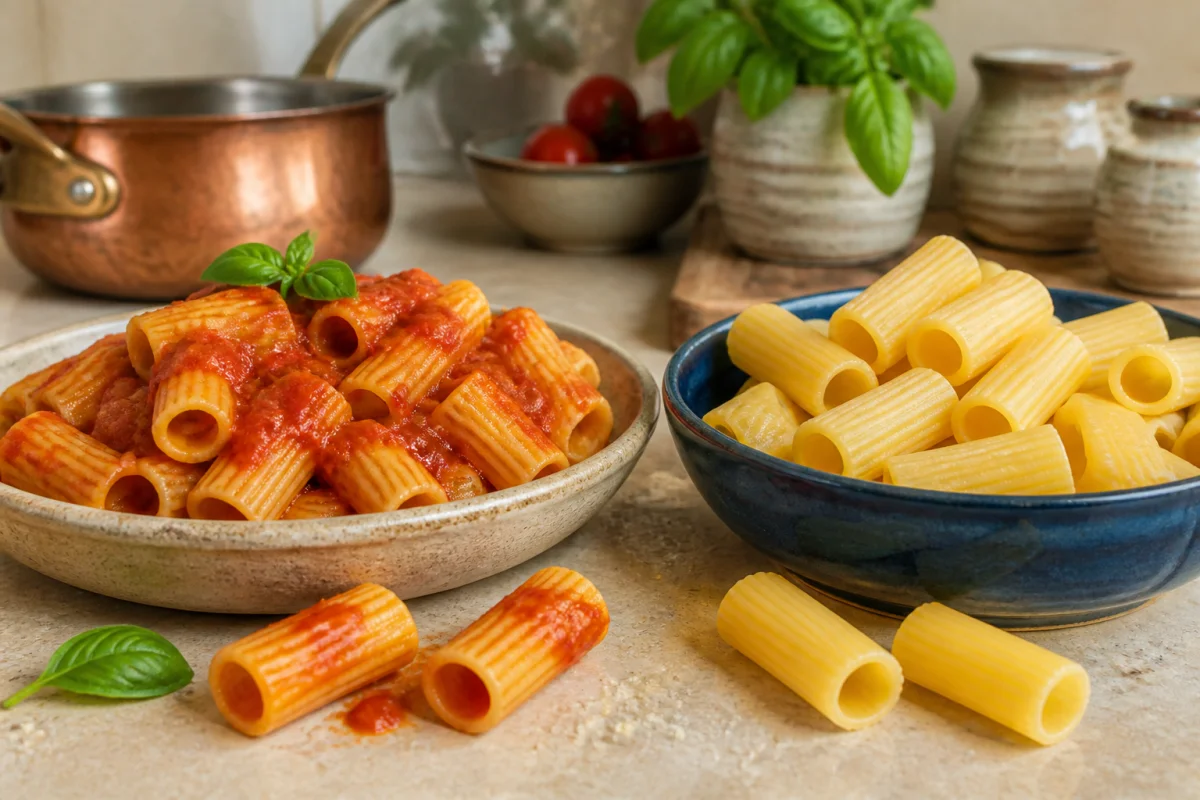Comparaison Rummo et La Molisana aux textures mate et lisse, avec sauce tomate accrochée aux aspérités