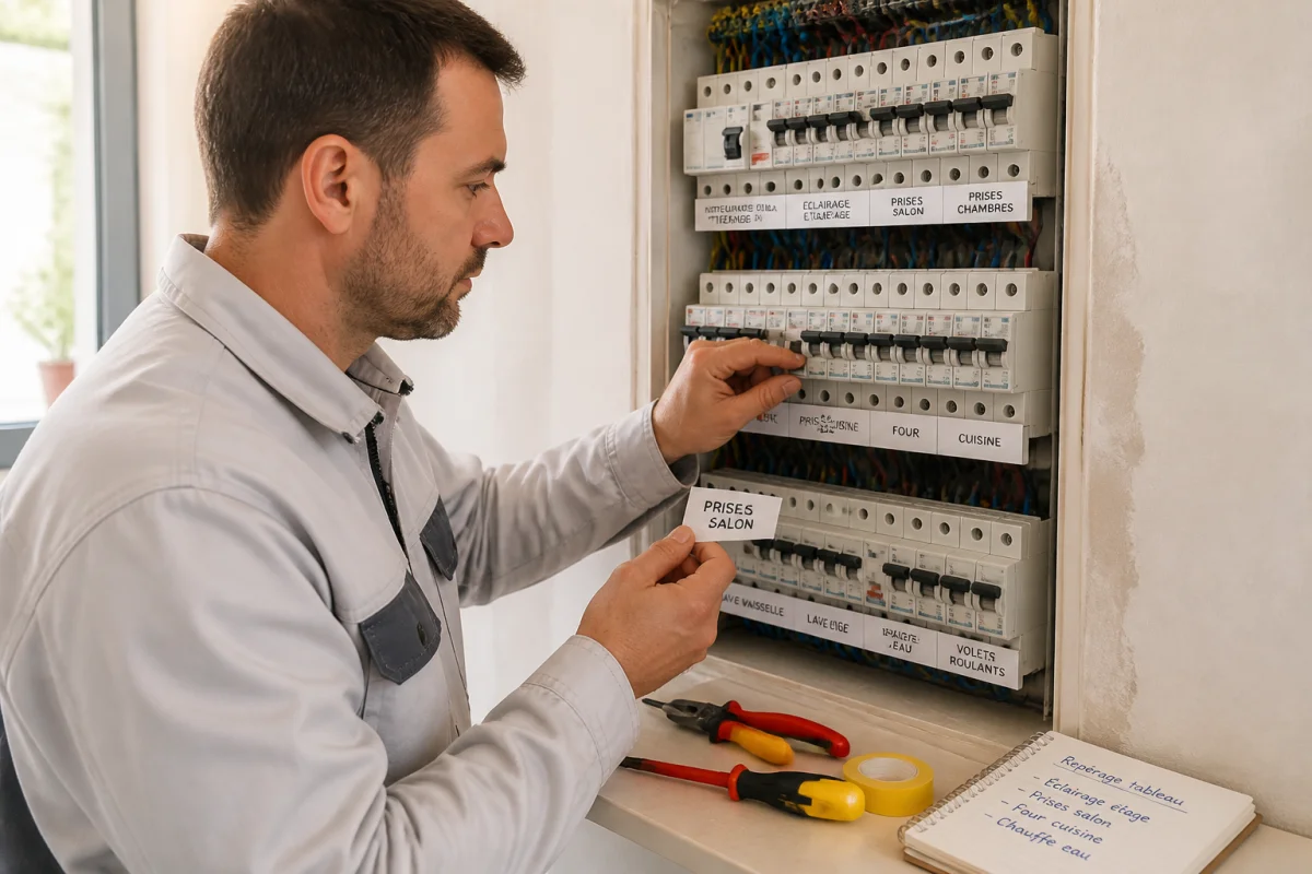 Électricien vérifiant un tableau électrique étiqueté pour sécuriser les travaux électriques avant rénovation d’un logement.